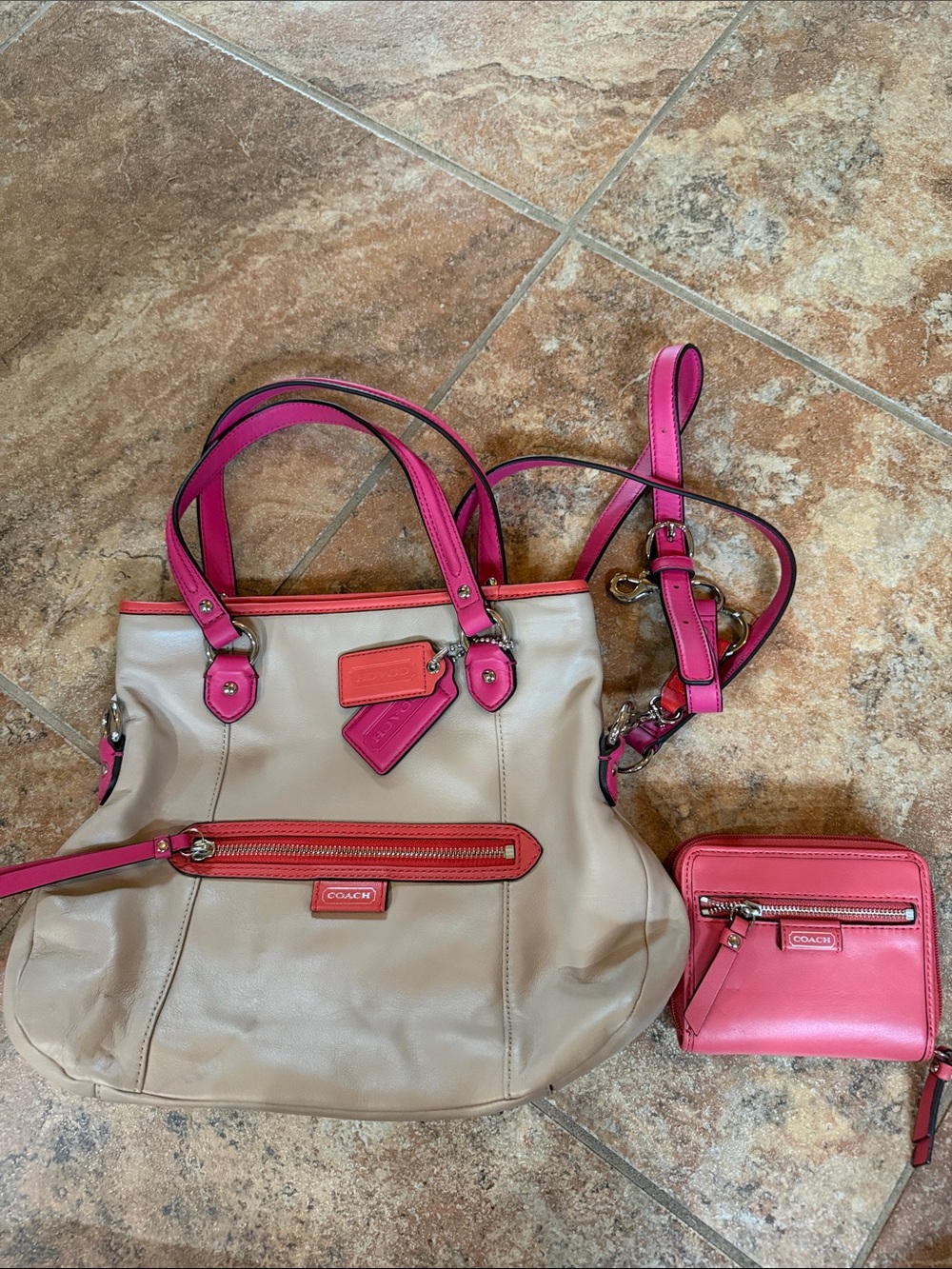 NWT Coach Daisy Mia Leather Bag + Wallet Set Sand Pink Coral